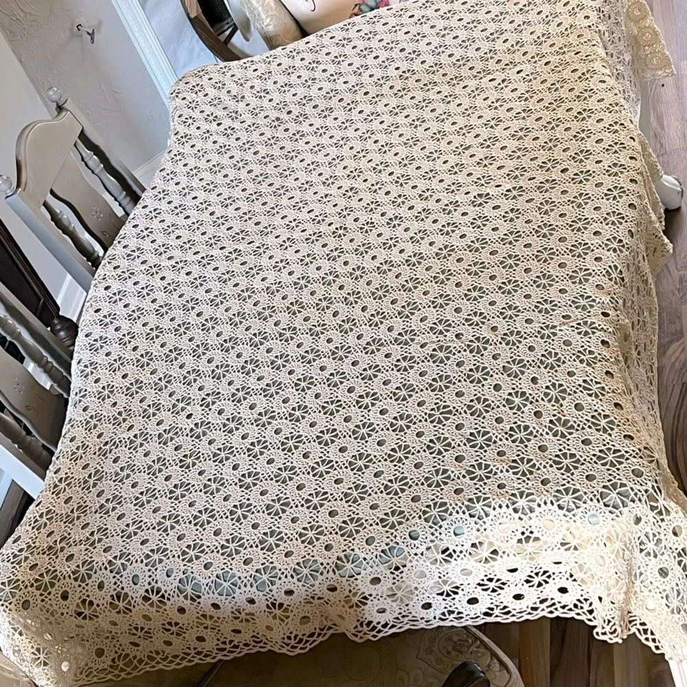 Vintage Hand Crochet Antique Cream Beige 67” x 44” Table Cloth or Bed Coverlet